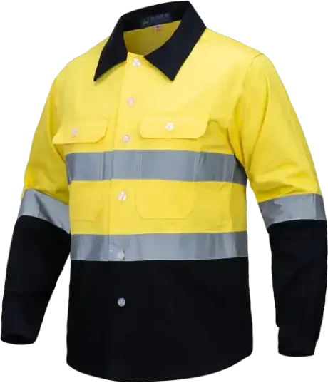 Yellow and navy hi-vis work shirt with reflective tape