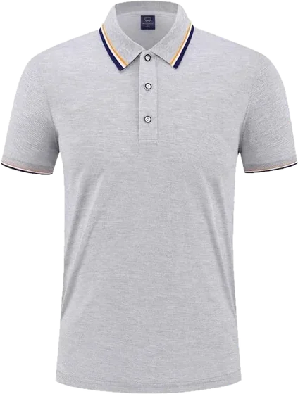 Grey polo shirt with a navy and gold trimmed collar